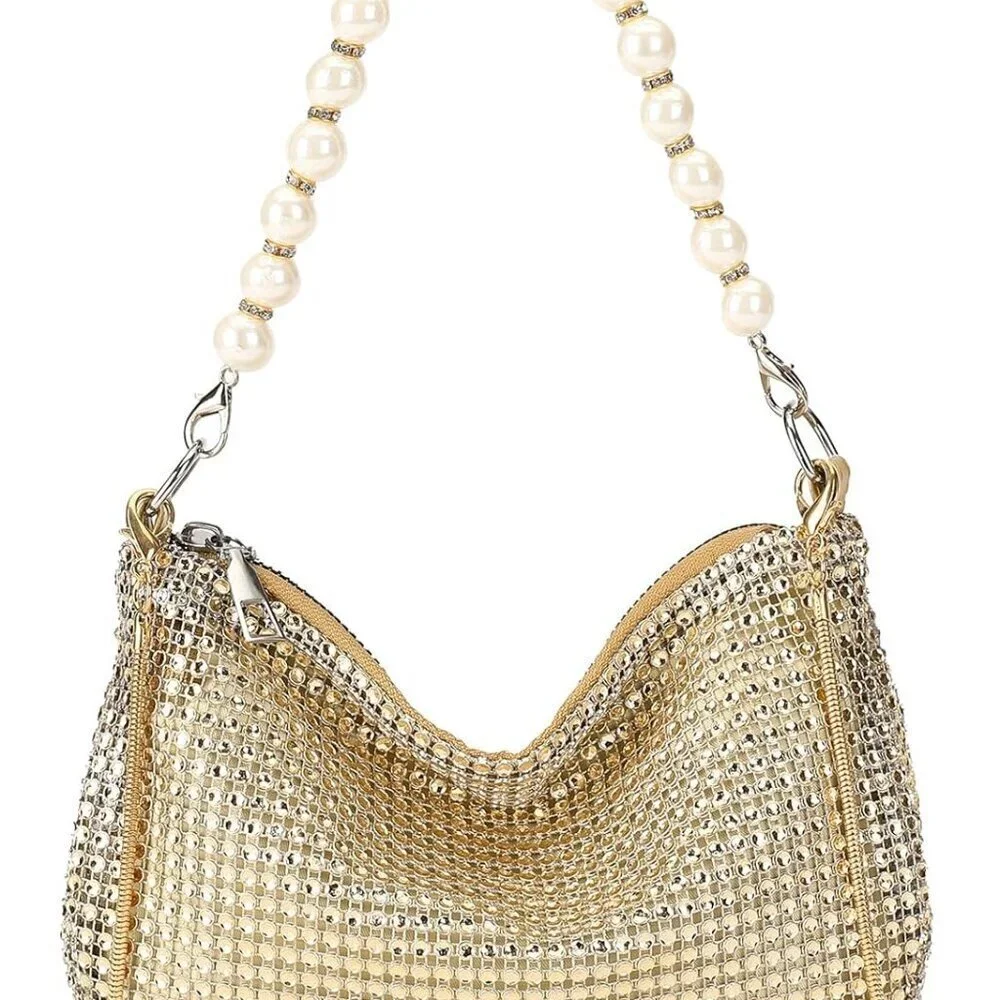 Vegan Leather Clutch Purse Silver Rhinestone Evening Bag with Detachable Chain